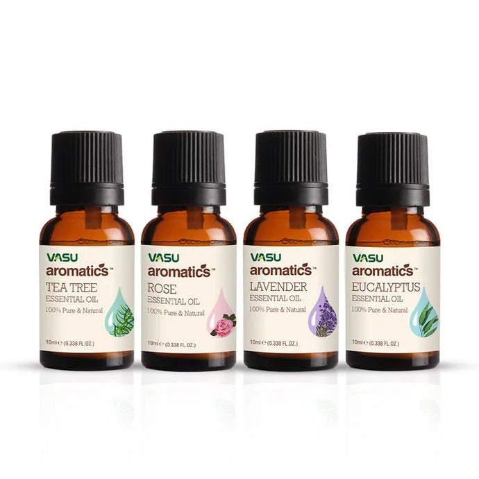 Vasu Aromatics Combo of Rose, Tea Tree, Eucalyptus, Lavender Essential Oil - 100% Pure & Natural - Air Freshener - For a Refreshing & Relaxing Bathing Experience - VasuStore