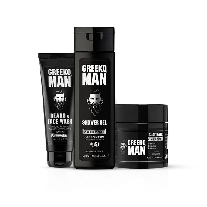Greeko Man Charcoal Shower Gel, Clay Mask & Face Wash - Enriched with Activated Charcoal, Aloe Vera & Olive Oil - Cleanses & Hydrates Skin - Helps You to Achieve Glowing & Flawless Skin - VasuStore